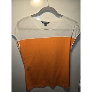 Lauren Ralph Lauren Women’s M Orange White Sheer Knit top Short Sleeve